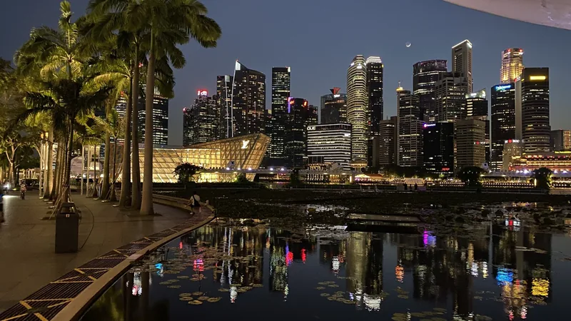 Đường chân trời Singapore rực sáng phản chiếu trên mặt nước Vịnh Marina, viền quanh bởi hàng cọ lúc chạng vạng.