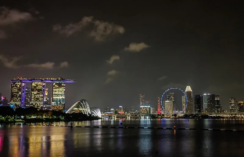 Đường chân trời Singapore về đêm với Marina Bay Sands, các mái vòm Gardens by the Bay và vòng quay Singapore Flyer phản.